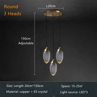 Lustre de salle à manger en cristal K5 de luxe moderne en cuivre salon prestige | Marco Lucetti 3 têtes rondes / Lumière froide6000K