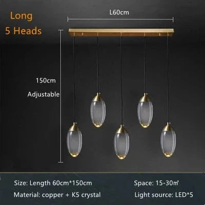Lustre de salle à manger en cristal K5 de luxe moderne en cuivre salon prestige | Marco Lucetti 5 têtes de long / Lumière chaude3000K