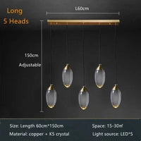 Lustre de salle à manger en cristal K5 de luxe moderne en cuivre salon prestige | Marco Lucetti 5 têtes de long / Lumière chaude3000K