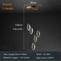 Lustre de salle à manger en cristal K5 de luxe moderne en cuivre salon prestige | Marco Lucetti 5 têtes rondes / Lumière froide6000K