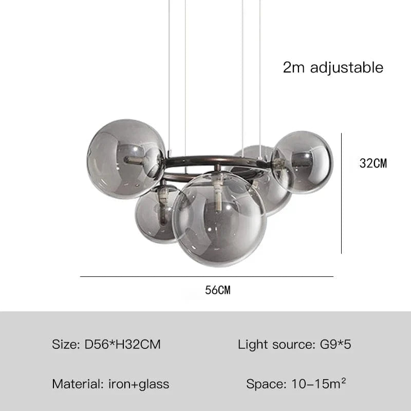 Lustre de verre et métal en boule et barre design | Marco Lucetti Lumière noire-5 / Transparent / Lumière chaude-3000K