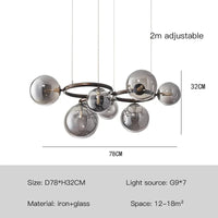 Lustre de verre et métal en boule et barre design | Marco Lucetti Lumière noire-7 / Transparent / Lumière chaude-3000K