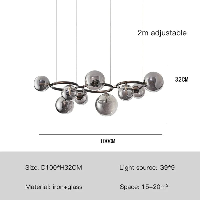 Lustre de verre et métal en boule et barre design | Marco Lucetti Lumière noire-9 / Transparent / Lumière chaude-3000K