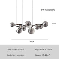 Lustre de verre et métal en boule et barre design | Marco Lucetti Lumière noire-9 / Transparent / Lumière chaude-3000K