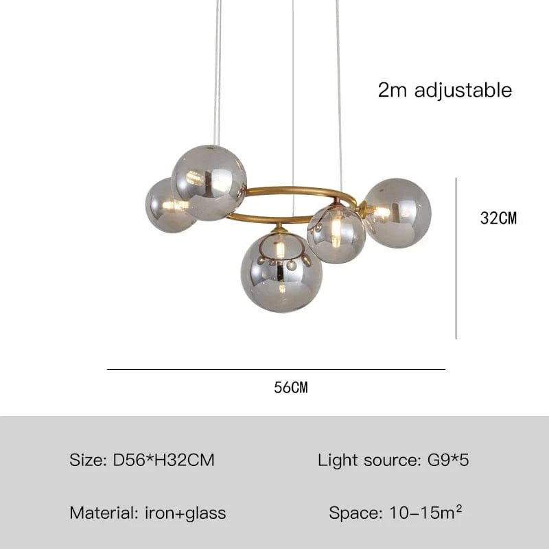 Lustre de verre et métal en boule et barre design | Marco Lucetti Lumière or-5 / Transparent / Lumière chaude-3000K