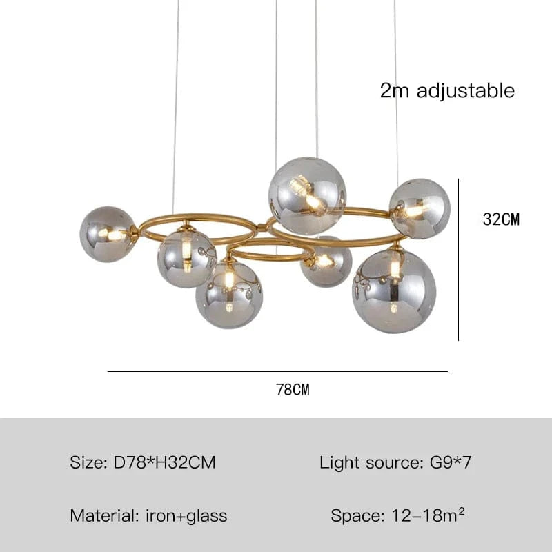 Lustre de verre et métal en boule et barre design | Marco Lucetti Lumière or-7 / Transparent / Lumière chaude-3000K