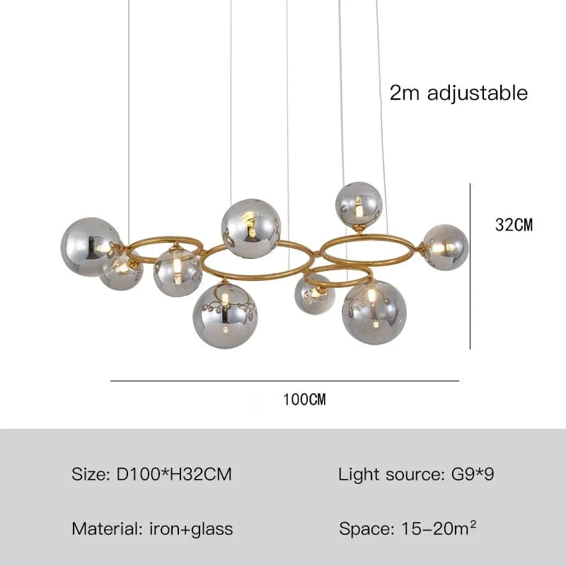 Lustre de verre et métal en boule et barre design | Marco Lucetti Lumière or-9 / Transparent / Lumière chaude-3000K