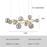 Lustre de verre et métal en boule et barre design | Marco Lucetti Lumière or-9 / Transparent / Lumière chaude-3000K