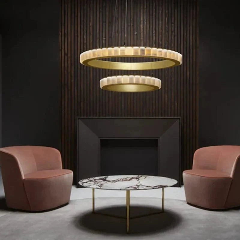 Lustre design Anneaux LED Postmoderne Marbre Or Noir Rond - Salle à Manger | Marco Lucetti