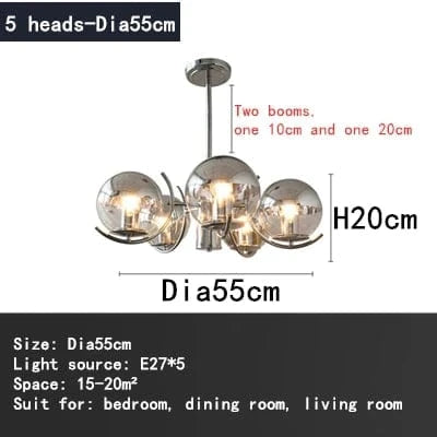 Lustre Design en Verre Chrome LED pour Décoration Intérieure | Marco Lucetti 5 têtes-Dia55cm / Blanc chaud