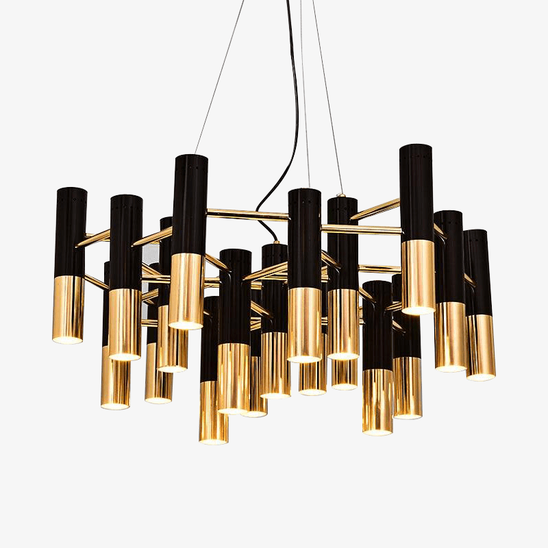 Lustre design Italy - Tubes métal noir et doré | Marco Lucetti 19 lampes