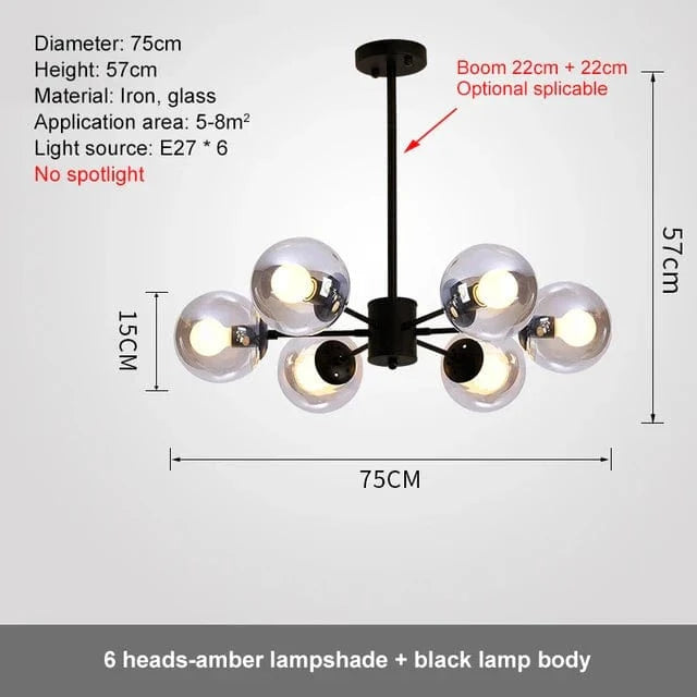 Lustre Design Magique en Verre et Métal | Marco Lucetti 6 têtes verre ambré / Lumière neutre