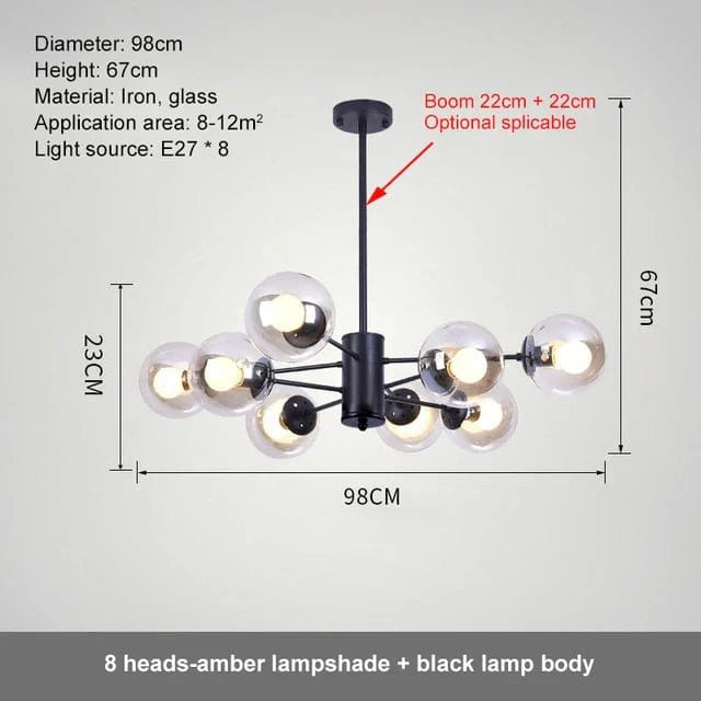 Lustre Design Magique en Verre et Métal | Marco Lucetti 8 têtes en verre ambré / Lumière neutre