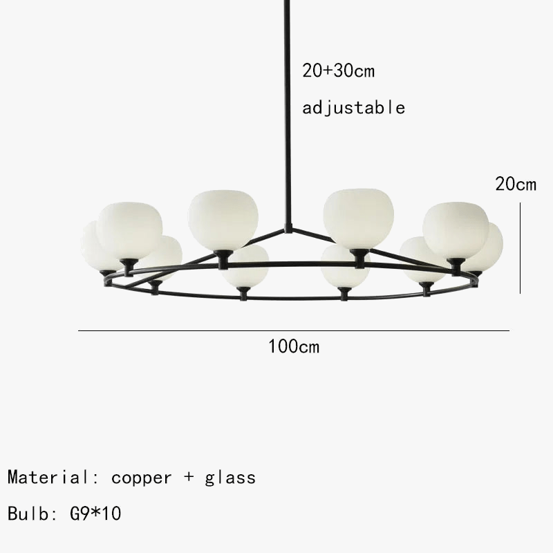 Lustre design réglable en hauteur avec anneaux cuivrés et verre blanc | Marco Lucetti