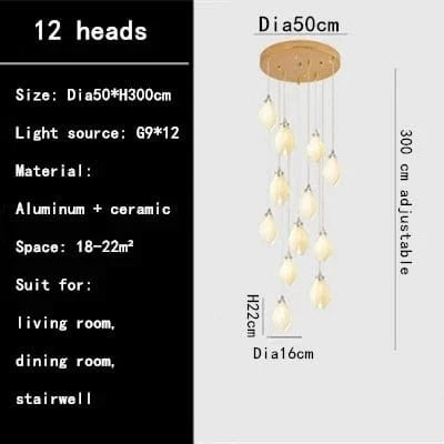 Lustre Duplex LED Magnolia en Céramique pour Hôtel et Villa | Marco Lucetti 12 têtes / Blanc froid