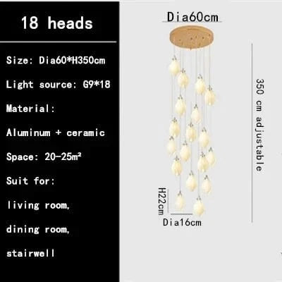 Lustre Duplex LED Magnolia en Céramique pour Hôtel et Villa | Marco Lucetti 18 têtes / Blanc froid