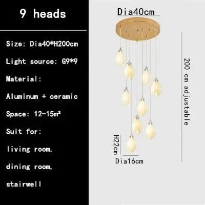 Lustre Duplex LED Magnolia en Céramique pour Hôtel et Villa | Marco Lucetti 9 têtes / Blanc froid