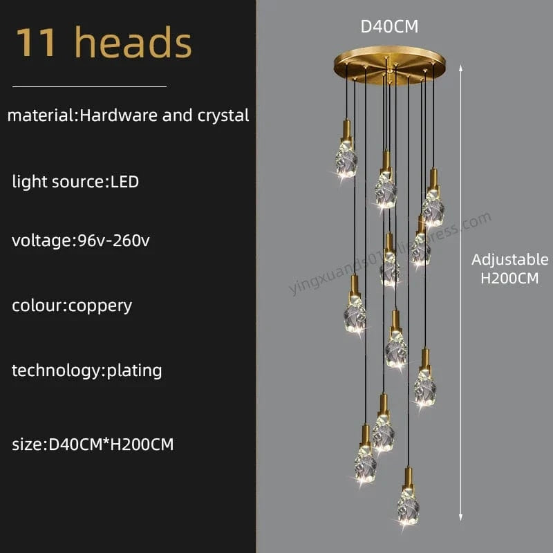 Lustre Duplex Loft Escalier en Colimaçon Moderne Créatif Villa Salon Cristal Premium | Marco Lucetti 11 têtes / Lumière blanche