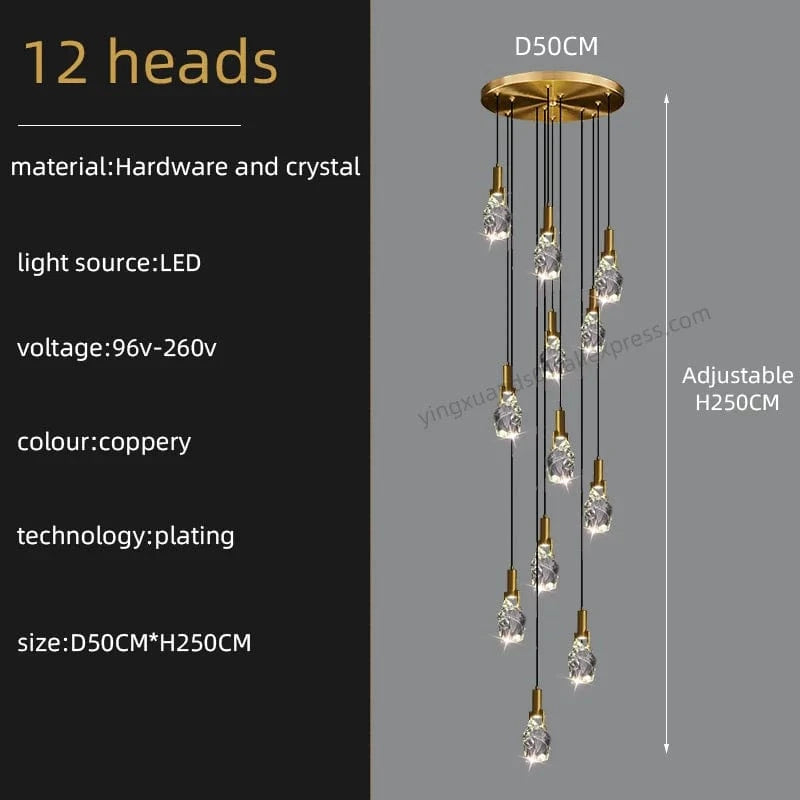 Lustre Duplex Loft Escalier en Colimaçon Moderne Créatif Villa Salon Cristal Premium | Marco Lucetti 12 têtes / Lumière chaude