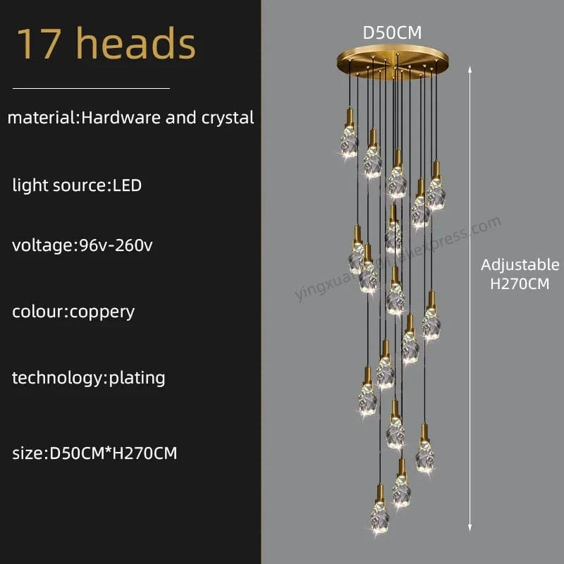 Lustre Duplex Loft Escalier en Colimaçon Moderne Créatif Villa Salon Cristal Premium | Marco Lucetti 17 têtes / Lumière neutre