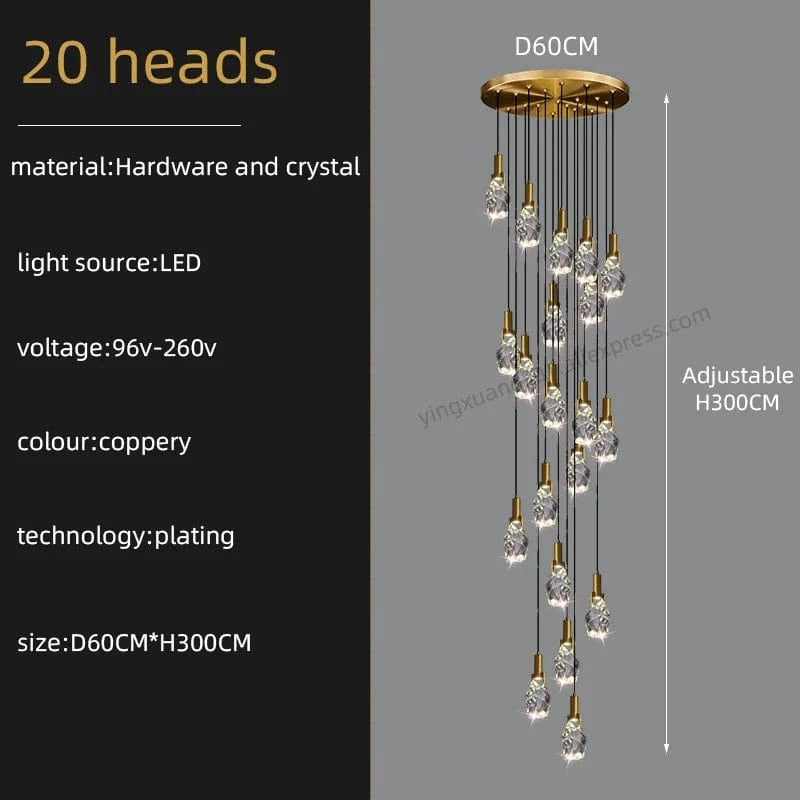 Lustre Duplex Loft Escalier en Colimaçon Moderne Créatif Villa Salon Cristal Premium | Marco Lucetti 20 têtes / Lumière neutre