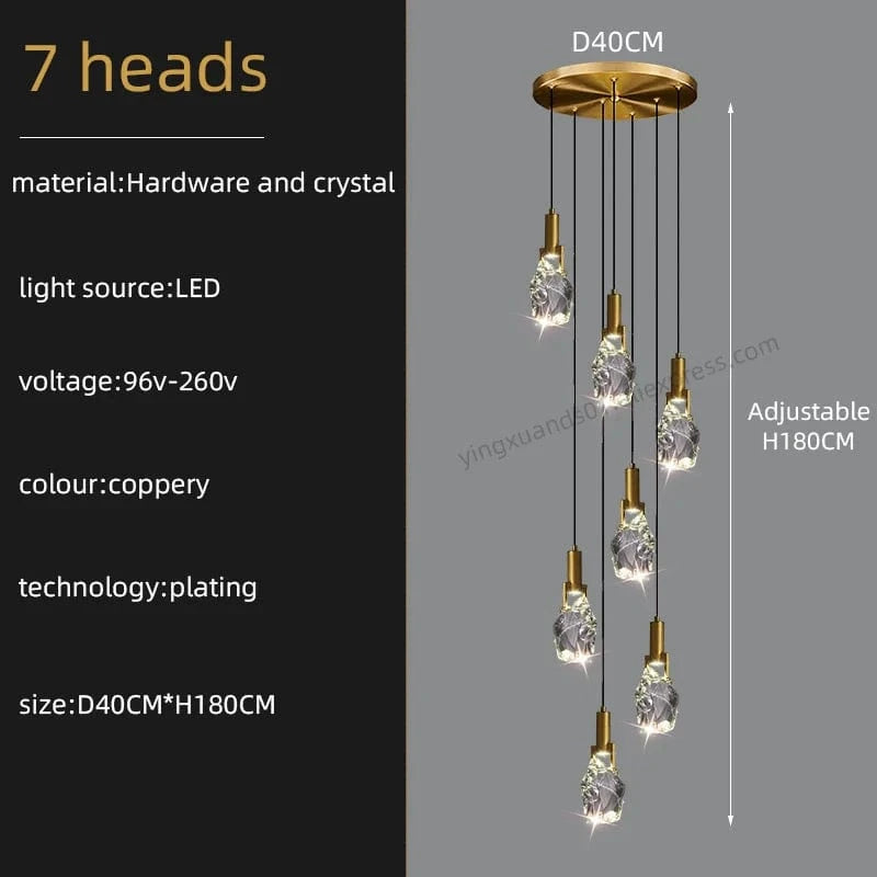 Lustre Duplex Loft Escalier en Colimaçon Moderne Créatif Villa Salon Cristal Premium | Marco Lucetti 7 têtes / Lumière neutre