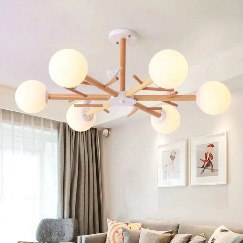 Lustre "Éclat de Bois Naturel" avec Abat-jour Rond en Verre Design | Marco Lucetti