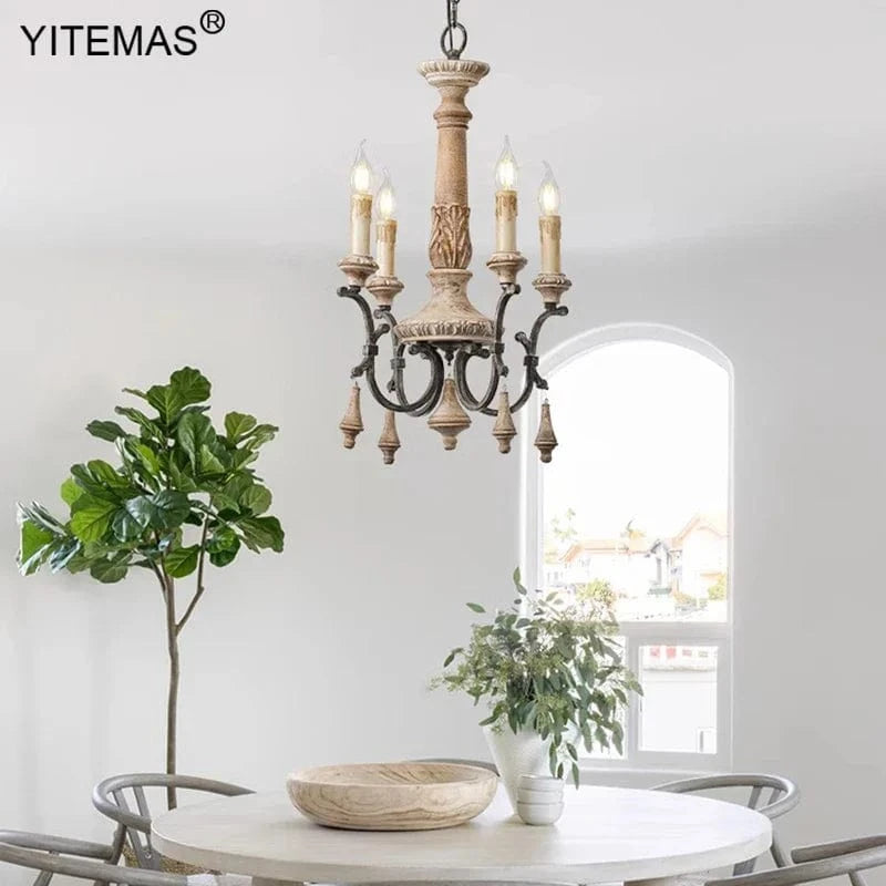 Lustre en bois rétro 4 lumières chambres +6 lumières style Vintage pour salon et salle à manger | Marco Lucetti