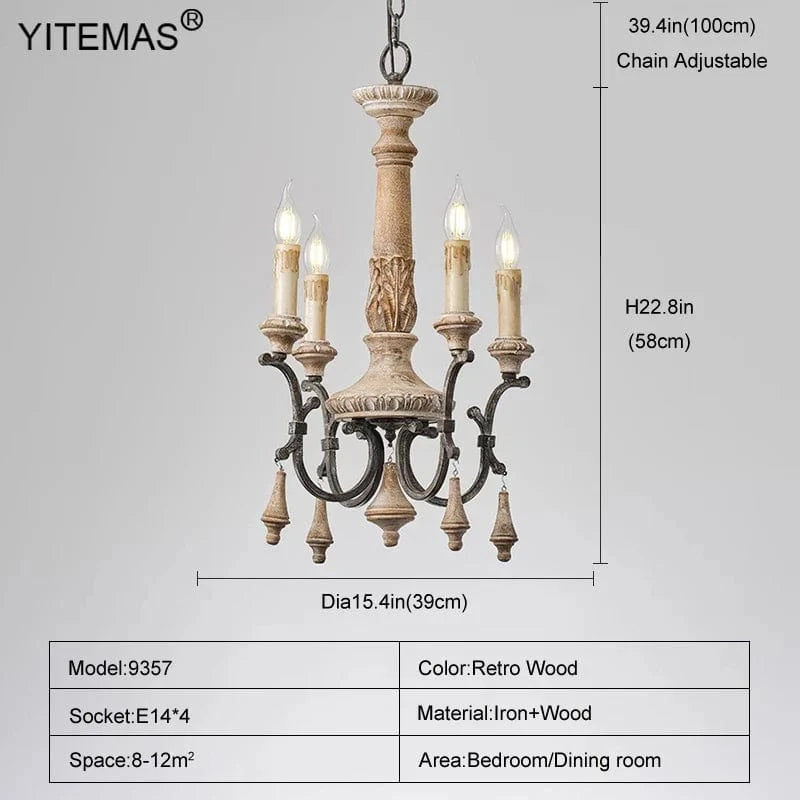 Lustre en bois rétro 4 lumières chambres +6 lumières style Vintage pour salon et salle à manger | Marco Lucetti Dia39H58Chaîne100cm