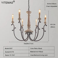 Lustre en bois rétro 4 lumières chambres +6 lumières style Vintage pour salon et salle à manger | Marco Lucetti Dia71H80Chaîne100cm