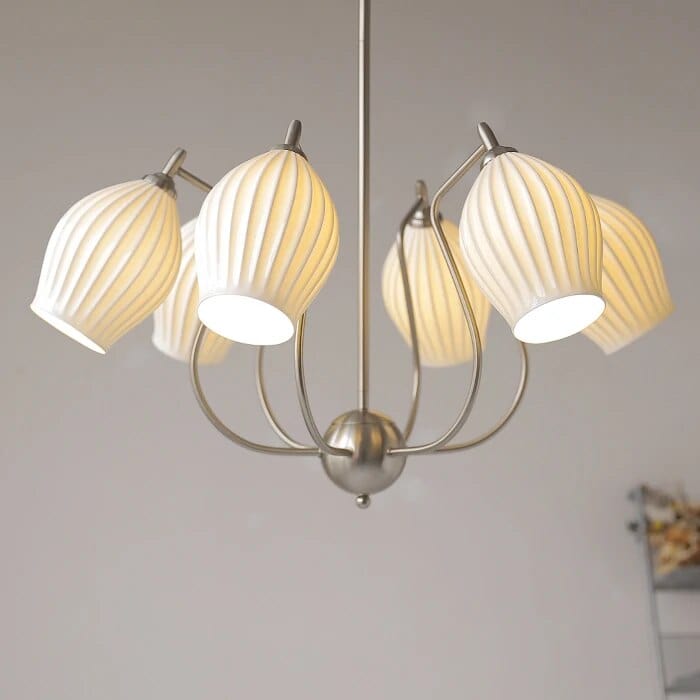 Lustre en céramique français pour un salon élégant | Marco Lucetti 6 têtes argent