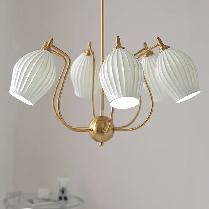 Lustre en céramique français pour un salon élégant | Marco Lucetti 6 têtes doré