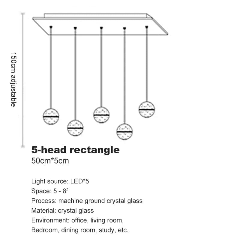 Lustre en cristal moderne avec boule tournante LED suspendue - LUXE LUMINEUX | Marco Lucetti 5 têtes-rectangle / Blanc chaud