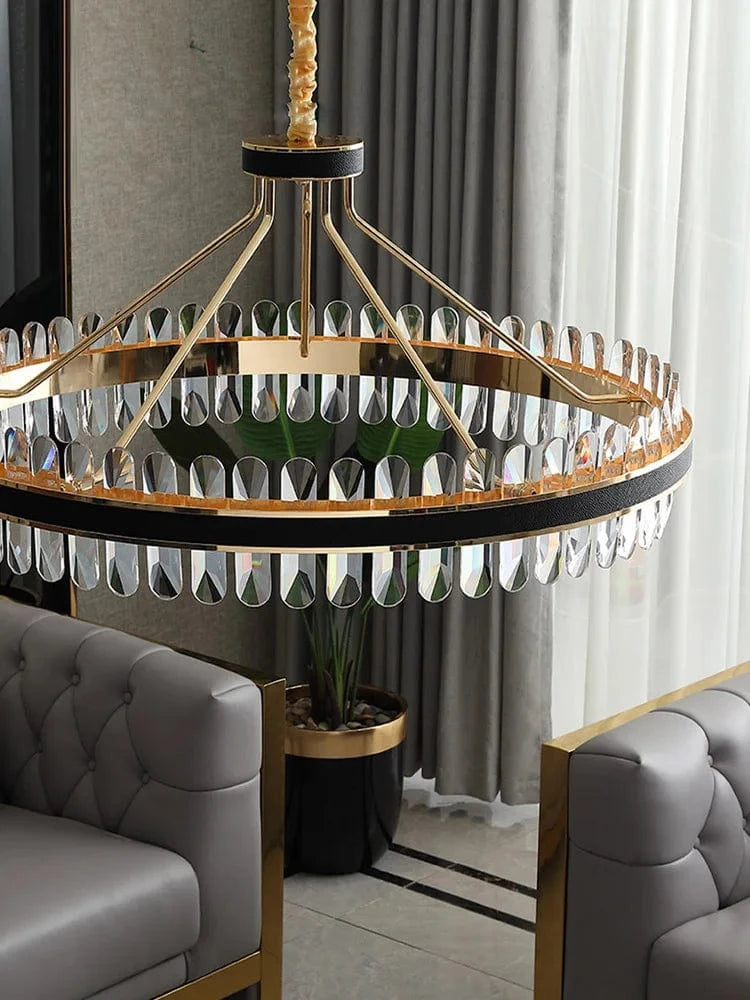 Lustre en cuir LED Cristal Luxueux Rond Suspendu Moderne - Élégance Brillante | Marco Lucetti