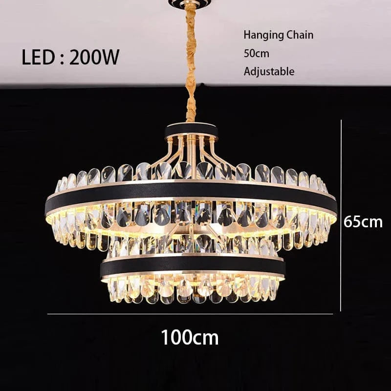 Lustre en cuir LED Cristal Luxueux Rond Suspendu Moderne - Élégance Brillante | Marco Lucetti 2 niveaux 100 cm / Intensité variable à distance