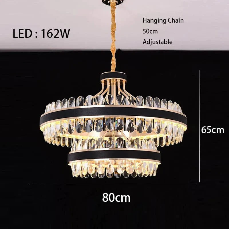 Lustre en cuir LED Cristal Luxueux Rond Suspendu Moderne - Élégance Brillante | Marco Lucetti 2 niveaux 80 cm / Intensité variable à distance