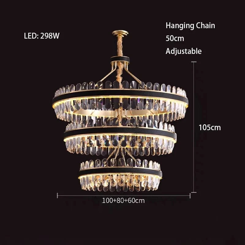 Lustre en cuir LED Cristal Luxueux Rond Suspendu Moderne - Élégance Brillante | Marco Lucetti 3 niveaux 100 cm / Intensité variable à distance