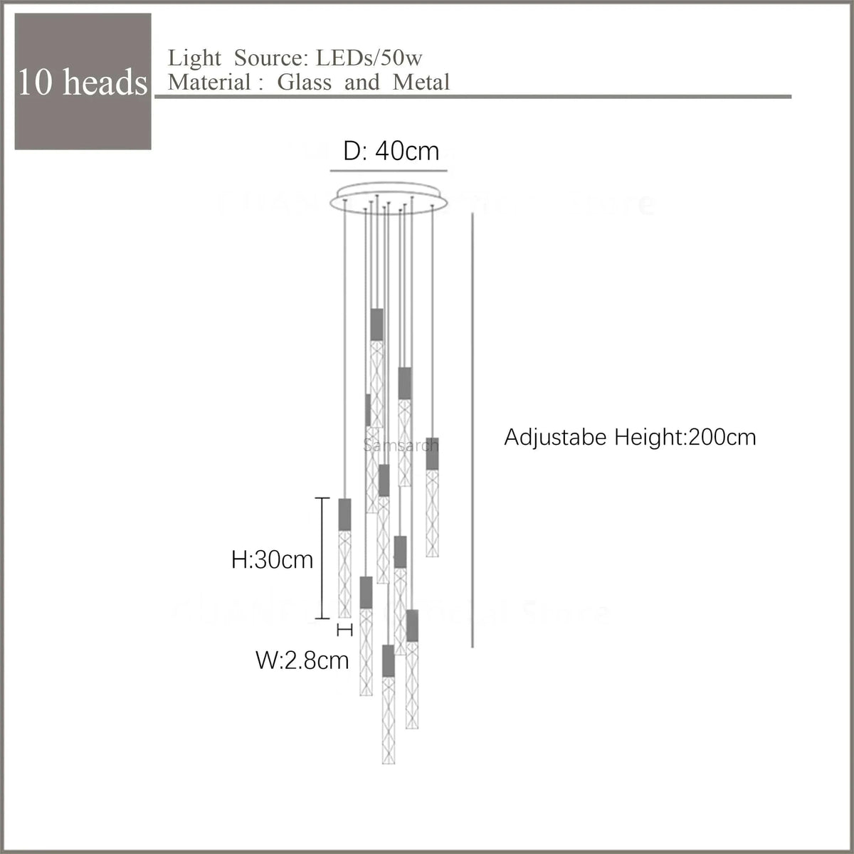 Lustre en Or Moderne LED pour Escalier en Cristal Spirale | Marco Lucetti 10 lumières 70W / Blanc chaud