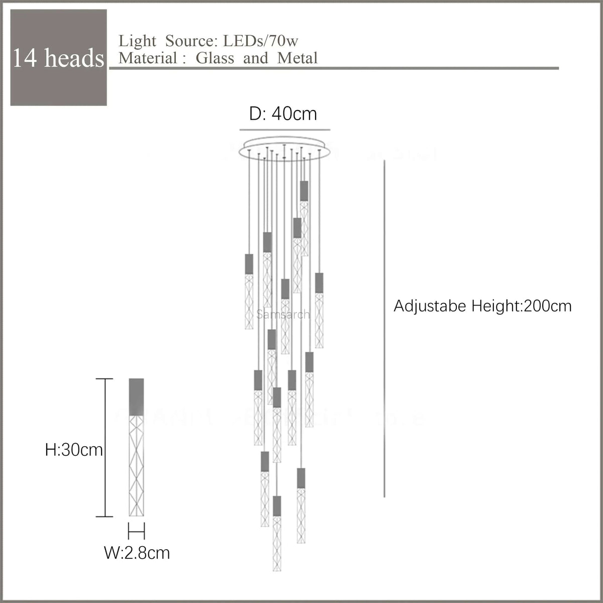 Lustre en Or Moderne LED pour Escalier en Cristal Spirale | Marco Lucetti 14 lumières 70W / Blanc chaud