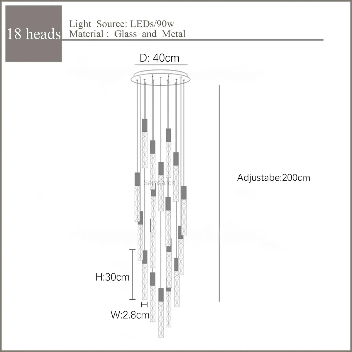 Lustre en Or Moderne LED pour Escalier en Cristal Spirale | Marco Lucetti 18 lumières 90W / Blanc chaud