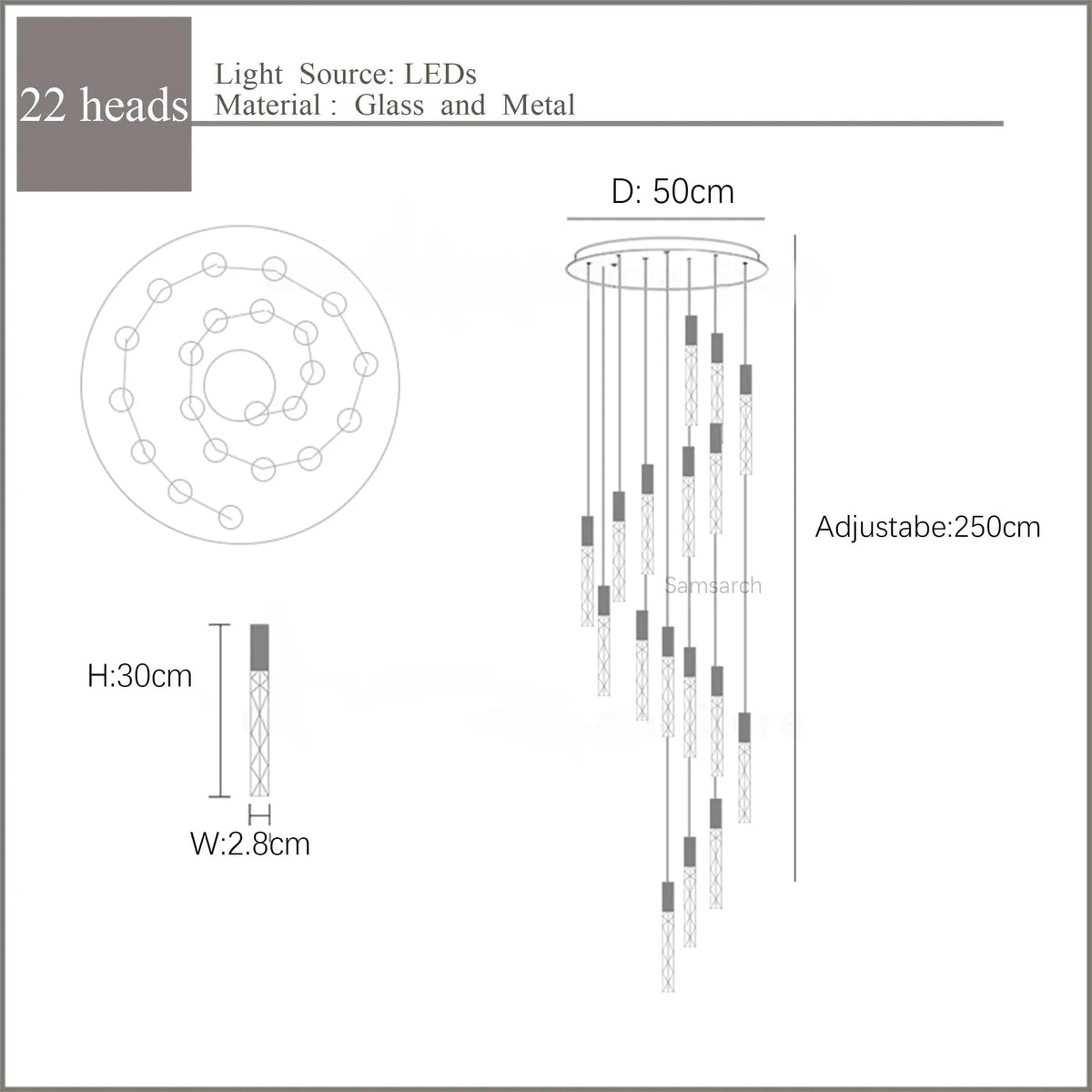 Lustre en Or Moderne LED pour Escalier en Cristal Spirale | Marco Lucetti 22 lumières 110W / Blanc chaud
