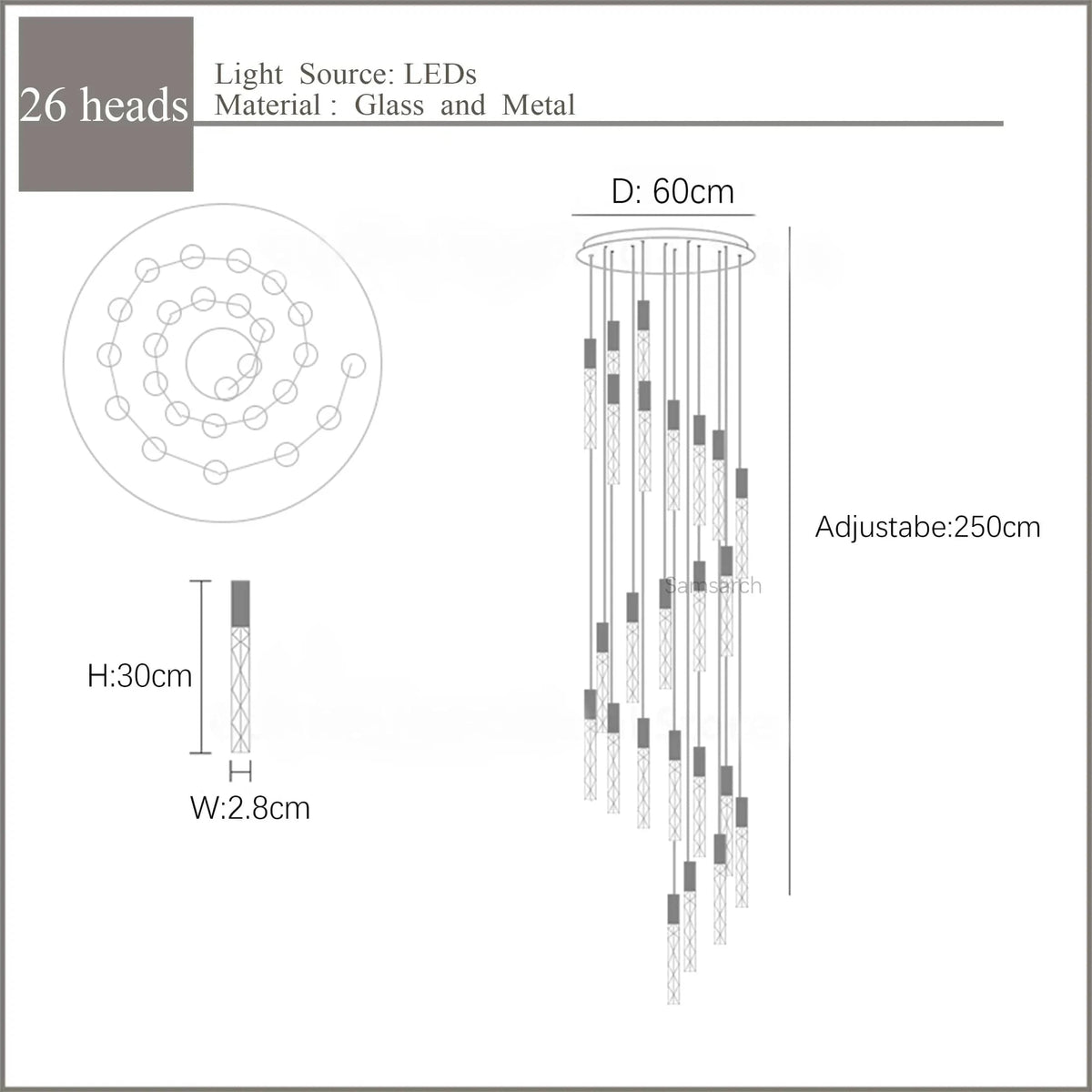 Lustre en Or Moderne LED pour Escalier en Cristal Spirale | Marco Lucetti 26 lumières 130W / Blanc chaud