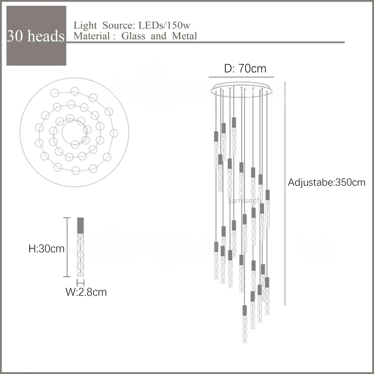 Lustre en Or Moderne LED pour Escalier en Cristal Spirale | Marco Lucetti 30 lumières 150W / Blanc chaud