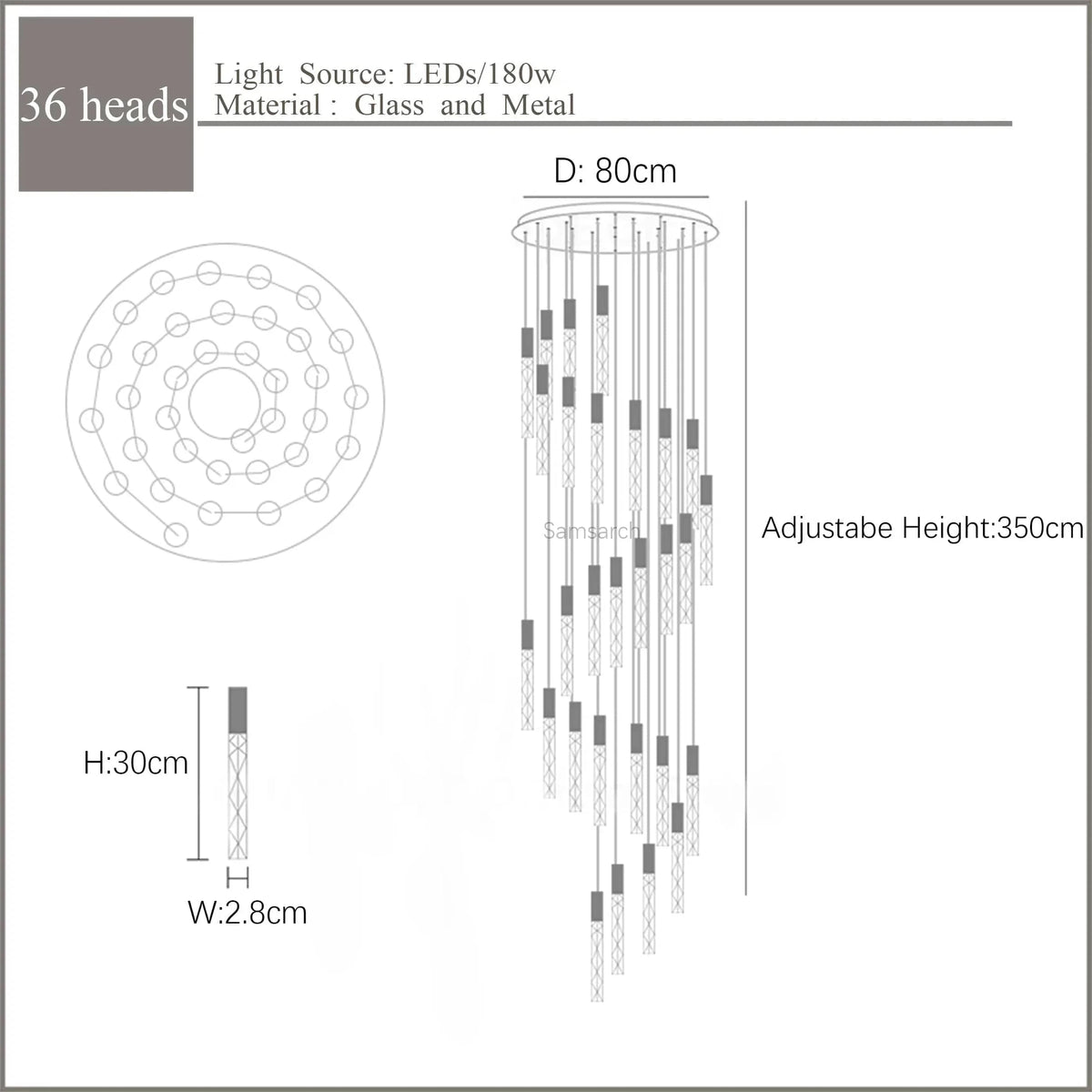 Lustre en Or Moderne LED pour Escalier en Cristal Spirale | Marco Lucetti 36 lumières 180W / Blanc chaud