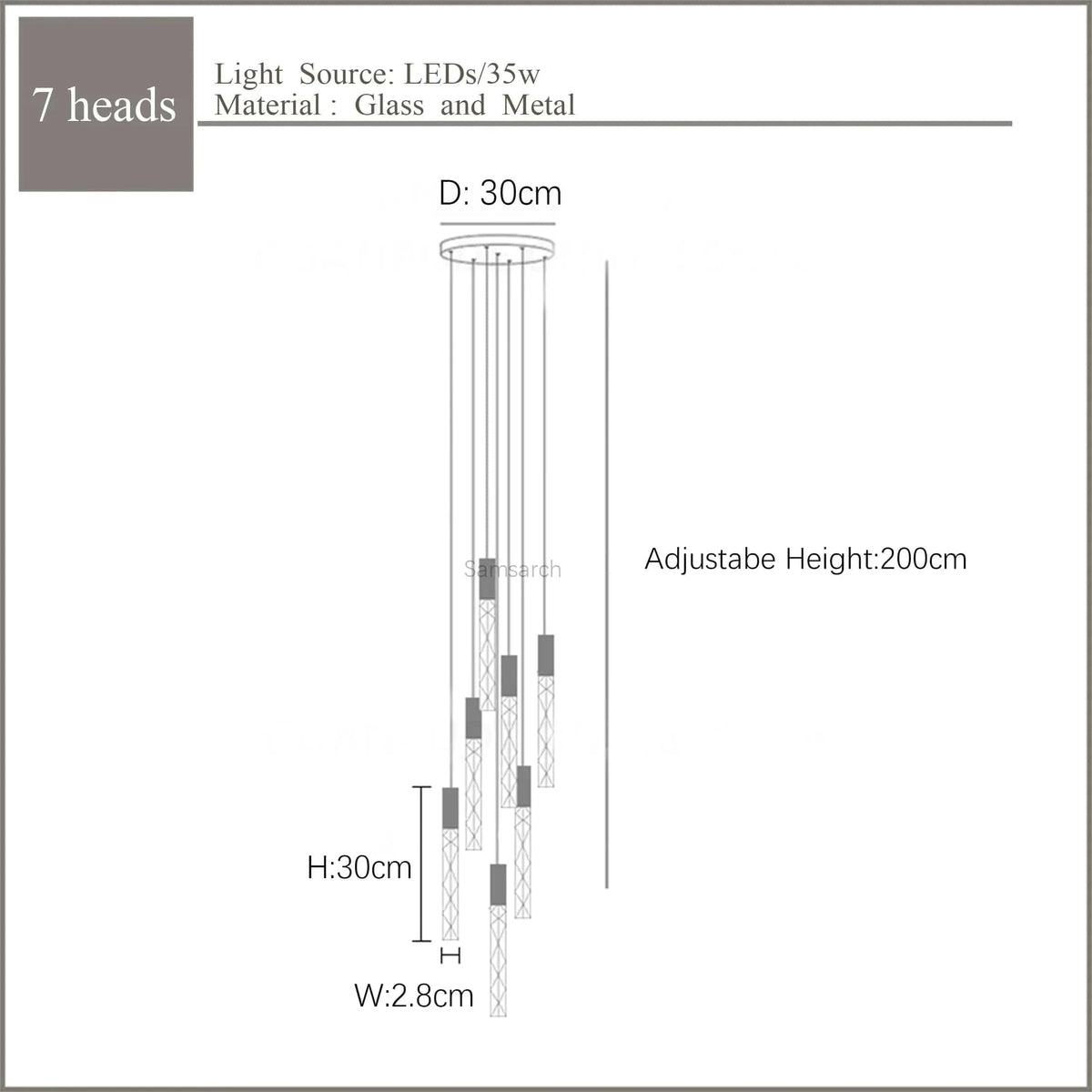 Lustre en Or Moderne LED pour Escalier en Cristal Spirale | Marco Lucetti 7 lumières 35W / Blanc chaud