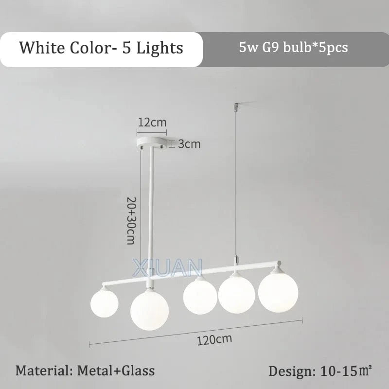 Lustre en verre blanc laiteux pour table à manger  | Marco Lucetti Blanc 5 Lumières / Lumière blanche