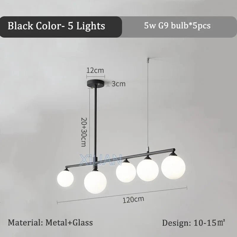 Lustre en verre blanc laiteux pour table à manger  | Marco Lucetti Noir 5 Lumières / Lumière blanche