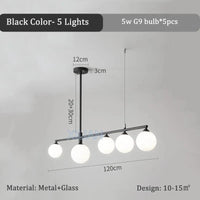 Lustre en verre blanc laiteux pour table à manger  | Marco Lucetti Noir 5 Lumières / Lumière blanche