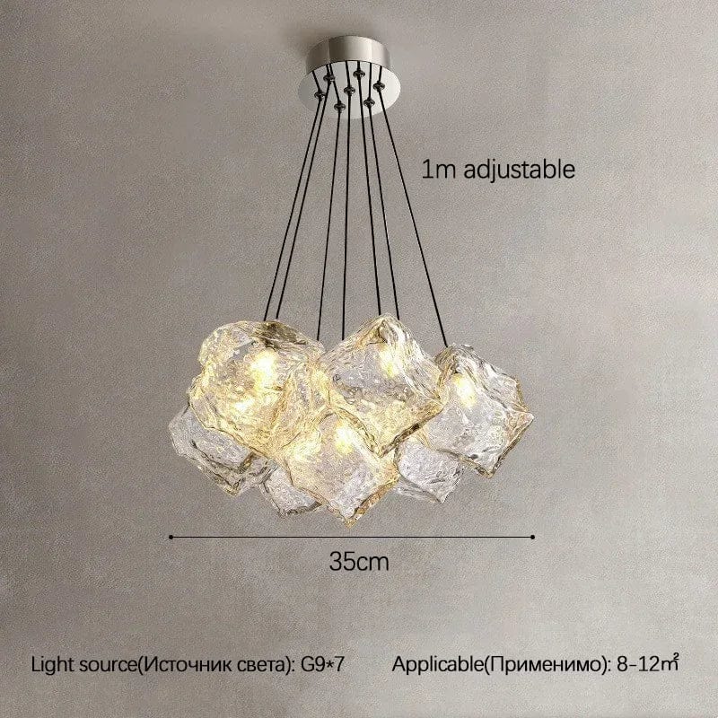  Lustre en verre glaçon moderne romantique de luxe avec LED pour salon et salle à manger | Marco Lucetti 7 têtes D35cm / Lumière froide