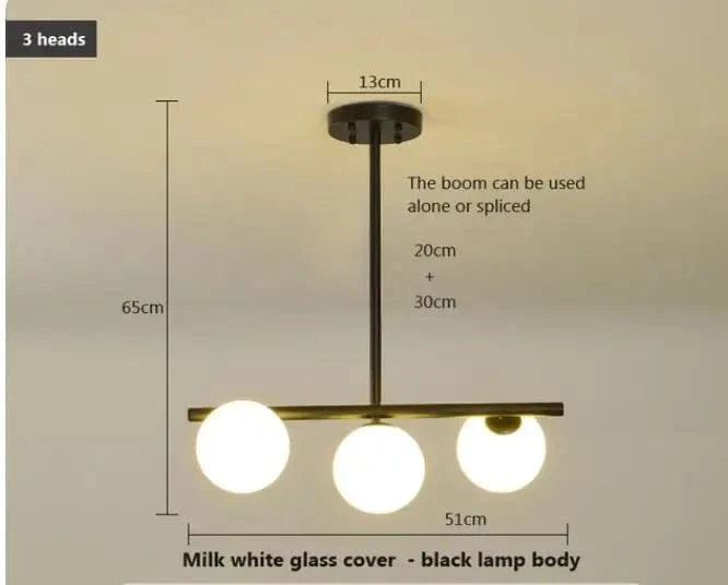 Lustre Horizonglass Boules Design | Marco Lucetti Noir 3 bras Milky / Blanc chaud
